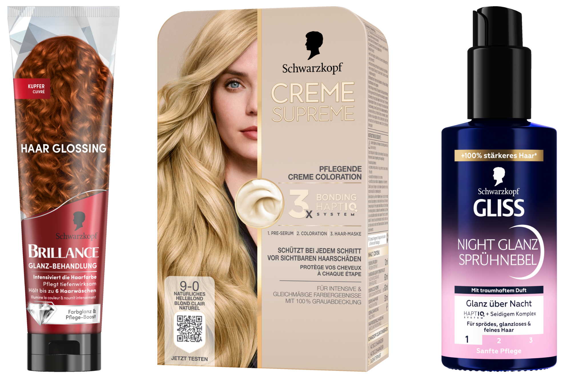 Crème Supreme 9-0 Natürliches Hellblond Pflegende Creme Coloration, GLISS Night Glanz Sprühnebel, Brillance Haar Glossing Kupfer