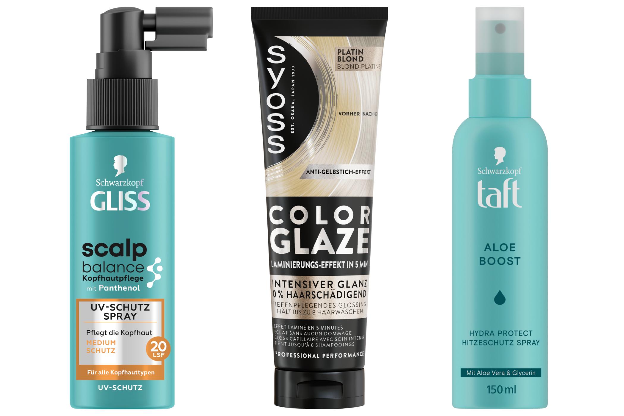 taft Aloe Boost Hydra Protect Hitzeschutz Spray, GLISS Scalp Balance UV-Schutz Spray, Syoss Color Glaze Platin Blond