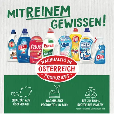 In seiner aktuellen Kampagne für Wasch- und Reinigungsmittel fokussiert Henkel unter dem Motto „Mit reinem Gewissen“ auf die wesentlichen Vorteile der Henkel-Produktion in Wien.