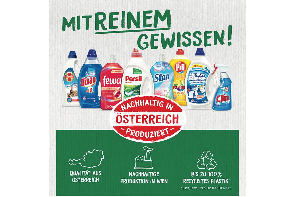 In seiner aktuellen Kampagne für Wasch- und Reinigungsmittel fokussiert Henkel unter dem Motto „Mit reinem Gewissen“ auf die wesentlichen Vorteile der Henkel-Produktion in Wien.