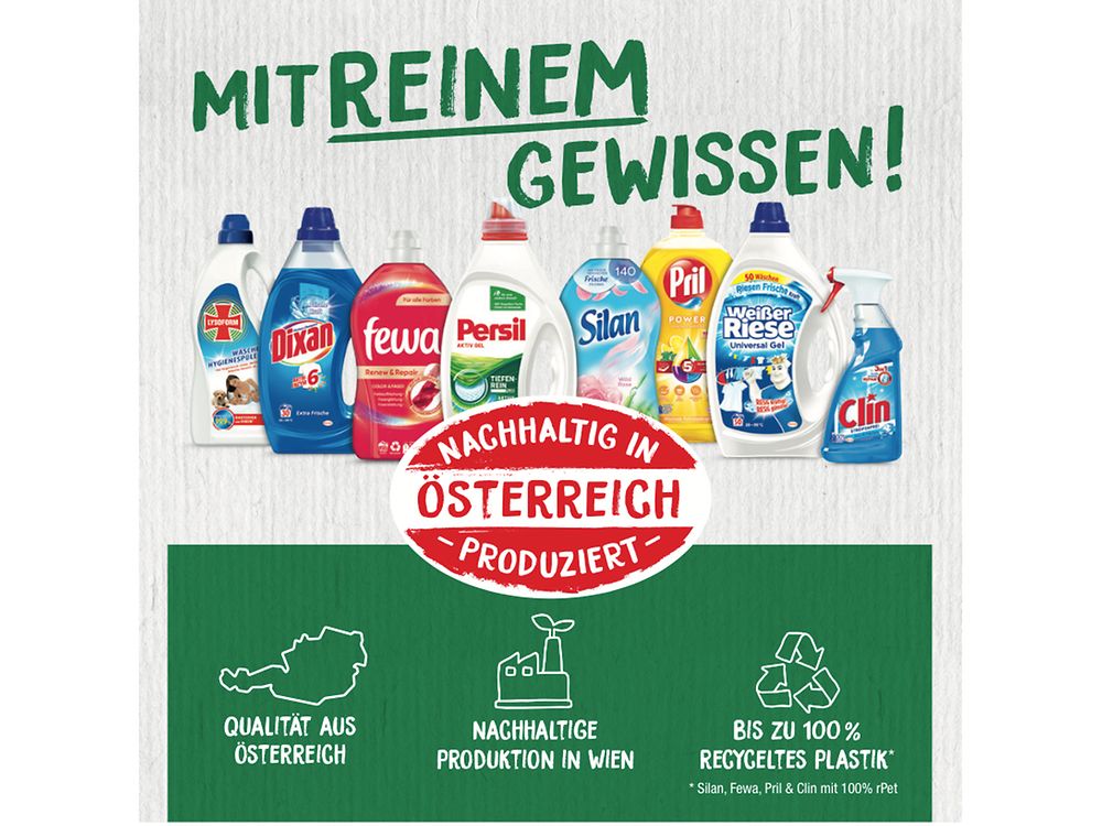 In seiner aktuellen Kampagne für Wasch- und Reinigungsmittel fokussiert Henkel unter dem Motto „Mit reinem Gewissen“ auf die wesentlichen Vorteile der Henkel-Produktion in Wien.