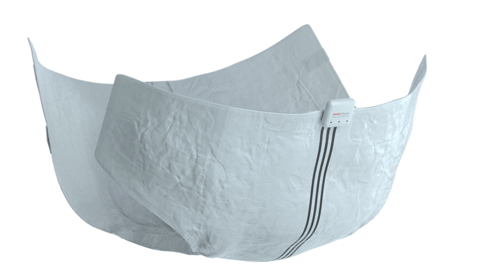 A diaper with three printed electronic stripes that has a pod attached that can transmit real-time patient data.