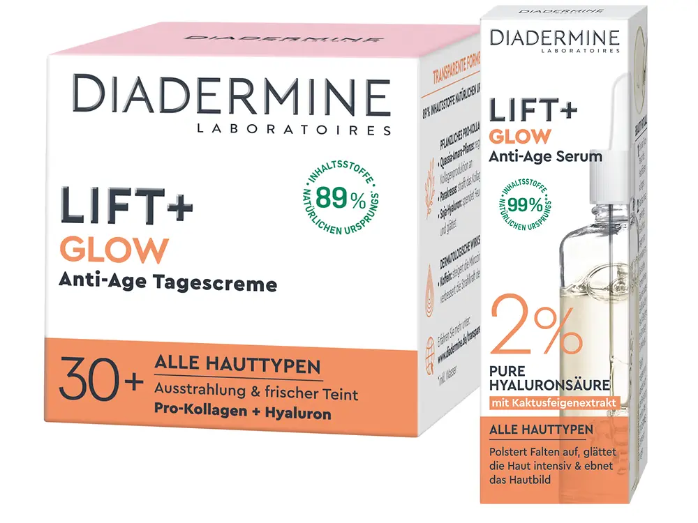 DIADERMINE LIFT+ GLOW Anti-Age Tagescreme und DIADERMINE LIFT+ GLOW Anti-Age Serum