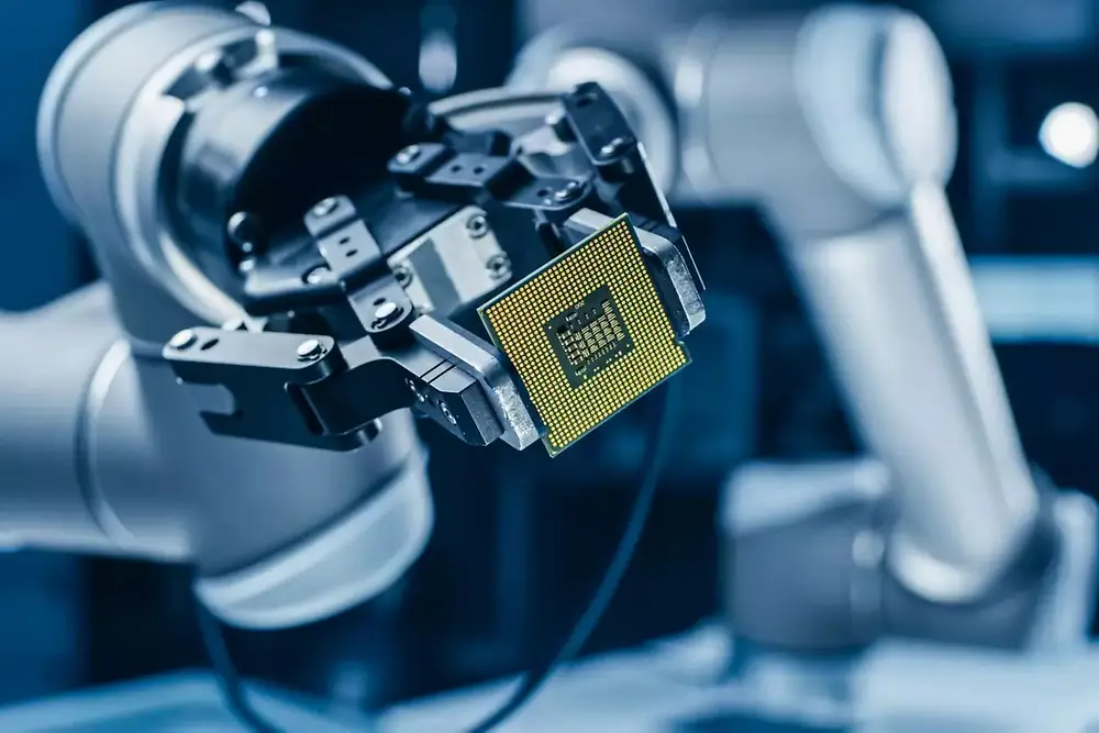 Nahaufnahme eines Roboterarms, der in einer Hightech-Umgebung einen Mikrochip handhabt.