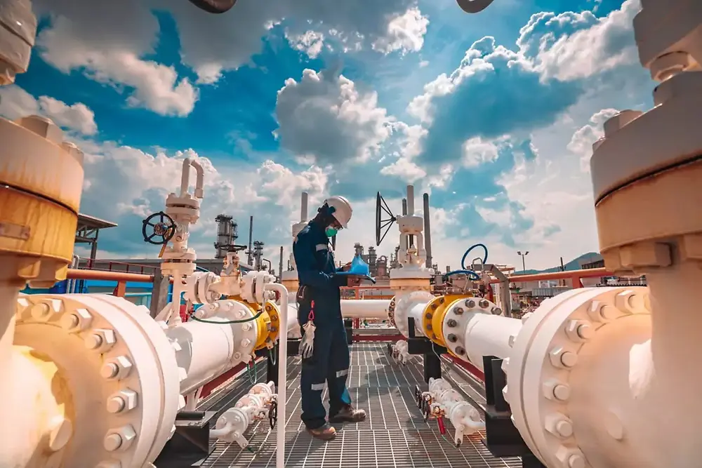 Industrieanlage mit Rohrleitungen, während eine Person große Geräte unter blauem Himmel überprüft.