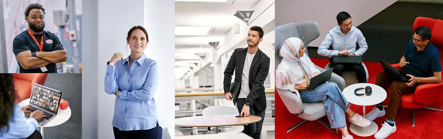 Collage mit vielfältigen Personen unterschiedlichen Geschlechts in verschiedenen Situationen: Porträts, Arbeit am Schreibtisch und Zusammenarbeit im Team.