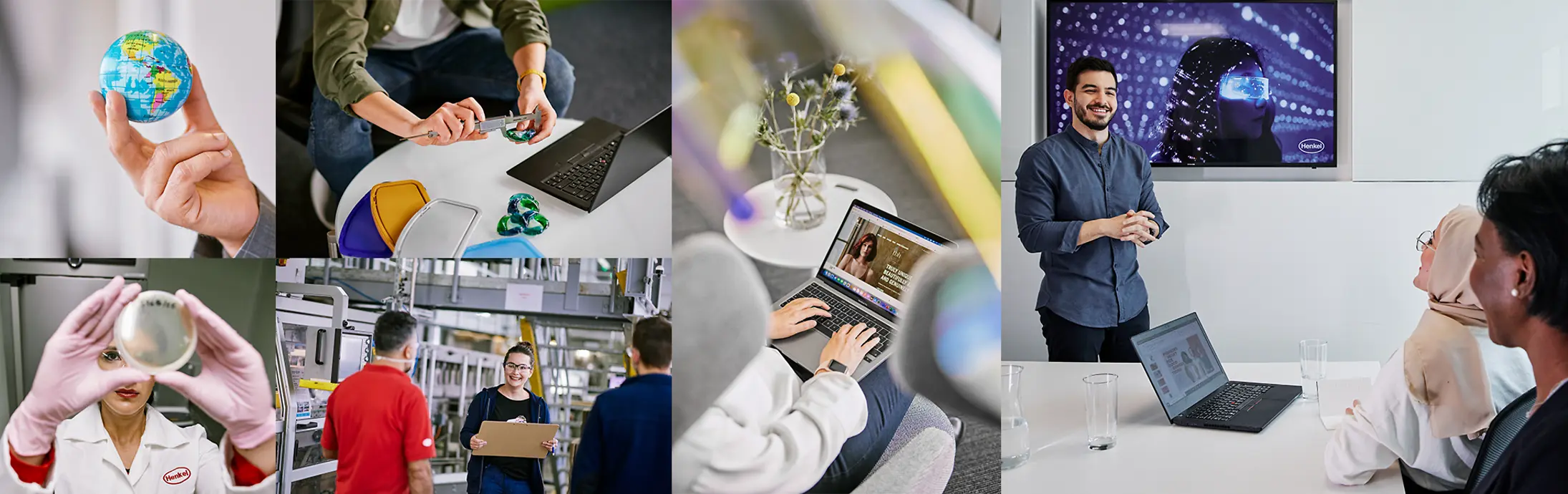 Eine Collage aus sechs Bildern mit einem Globus, einer Person bei der Laborarbeit, Menschen an Arbeitstischen sowie einer Meeting- und Präsentationsszene.