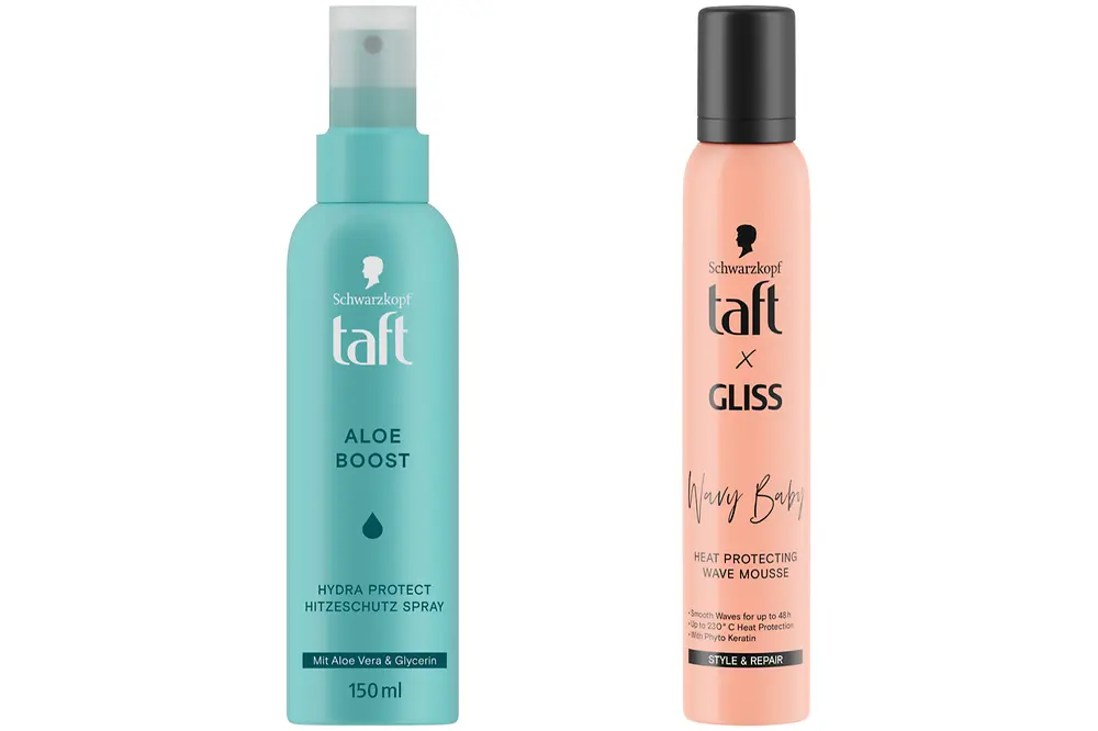 taft Aloe Boost Hydra Protect Hitzeschutz Spray und taft x GLISS Wavy Baby Wellen Mousse