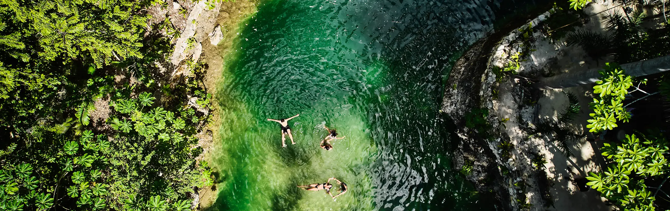 Aerial view of a small natural pool surrounded by dense green vegetation, with three people floating in the clear, emerald water.