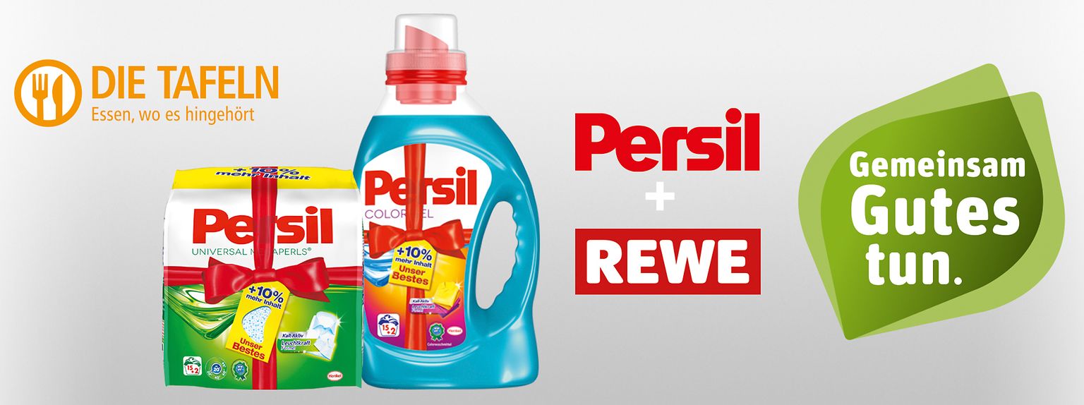 

Im Rahmen der Initiative „Gemeinsam Gutes tun“ spenden Persil und Rewe beim Kauf von zwei Persil Aktions-Produkten ein weiteres Persil-Produkt an die Tafeln.