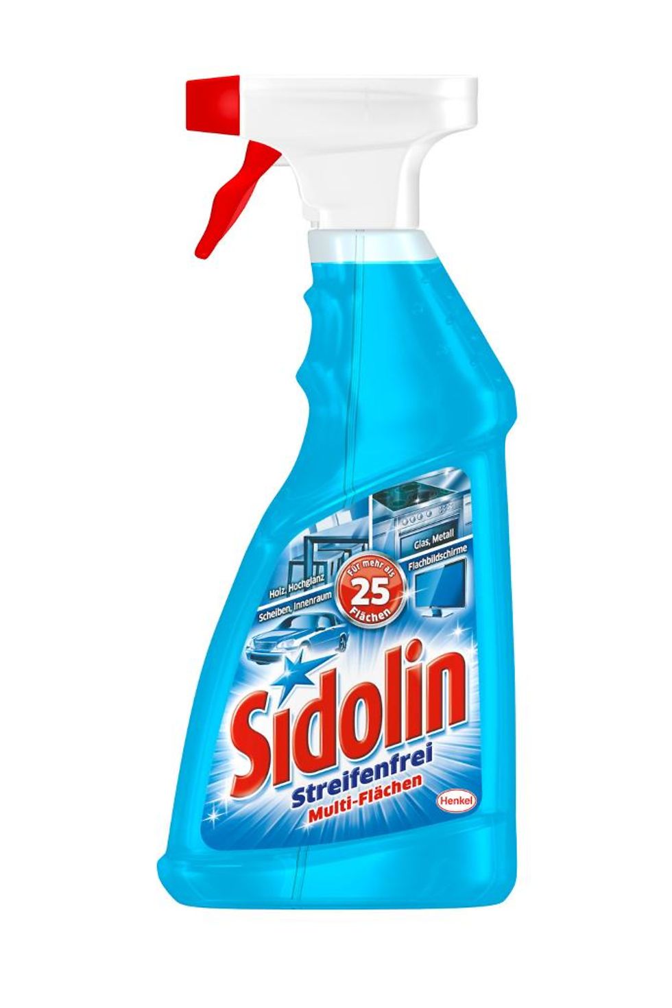 In neuer, transparenter Flasche bietet Sidolin Multi-Flächen streifenfreie Reinigung und Glanz für mehr als 25 Oberflächen im ganzen Haus und selbst im Auto