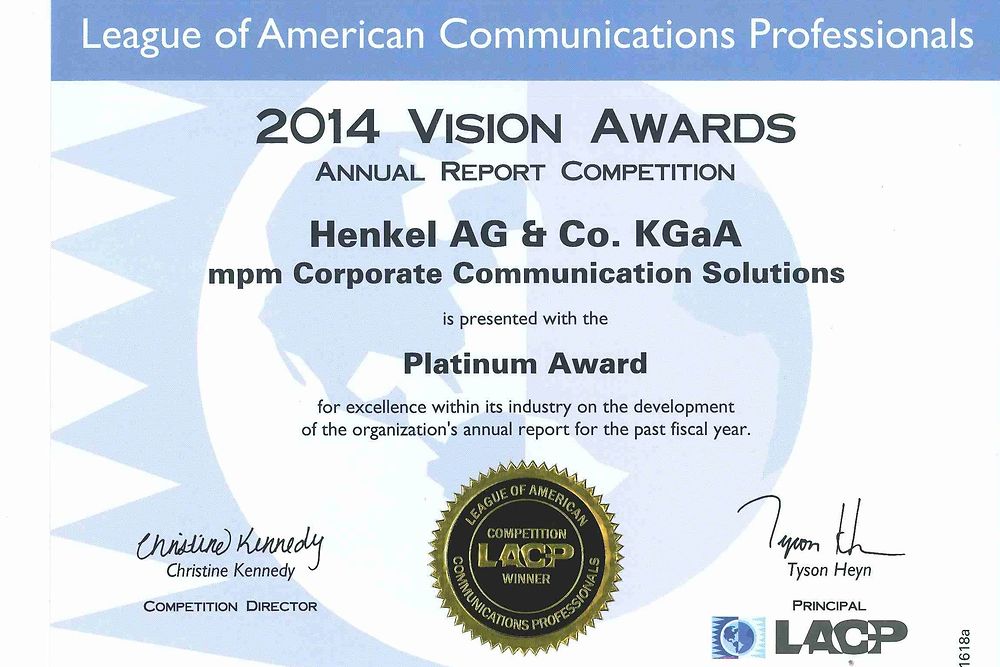 

Eine Spitzenposition: Die League of American Communication Professionals (LACP) zeichnete bei den „Vision Awards“ den Henkel-Geschäftsbericht 2014 mit „Platin“ aus.