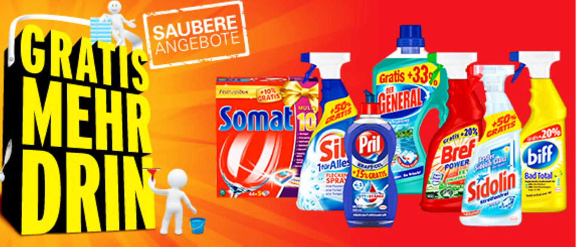Ab sofort können Sie im Rahmen unserer Aktion „Saubere Angebote“ wieder kräftig sparen! Bei den Marken Sil, Pril, Somat, biff, Sidolin, Der General und Bref erhalten Sie bei den Vorteilsgrößen bis zu 50 Prozent mehr Inhalt gratis.