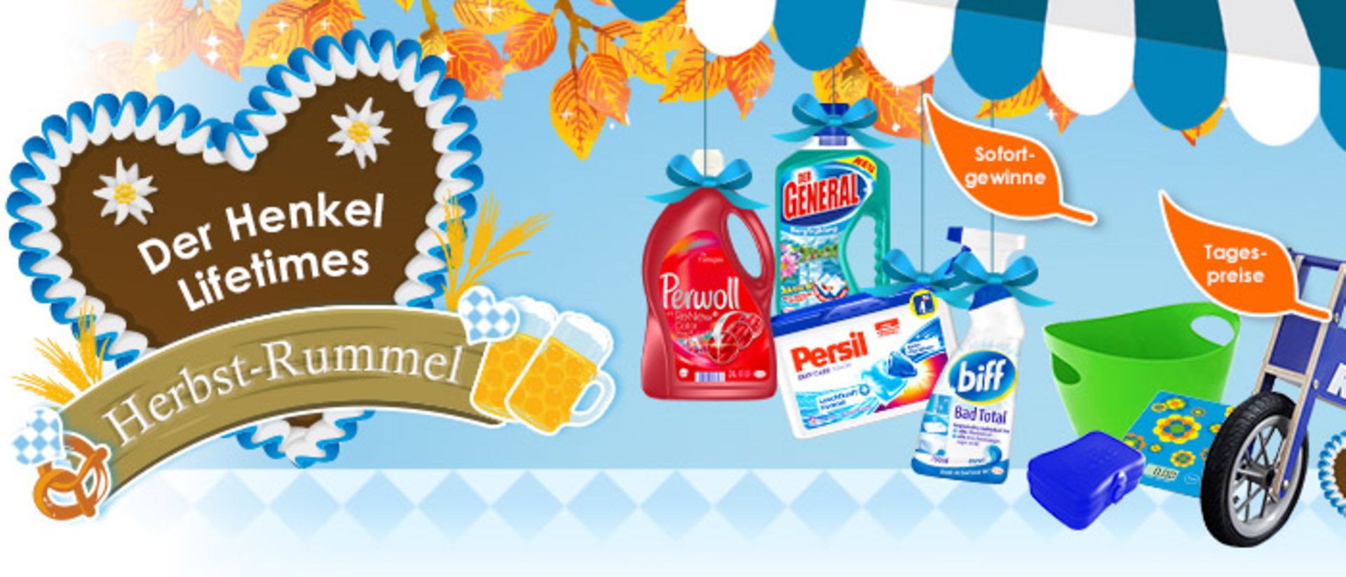 Sichern Sie sich geballte Gewinnchancen auf dem Henkel Lifetimes Herbst-Rummel – darunter insgesamt über 800 Sofortgewinne mit Markenprodukten von Persil, Somat, Perwoll & Co. sowie über 170 Tagespreise. Als Hauptpreis winken drei Städtetrips für 2 Personen.